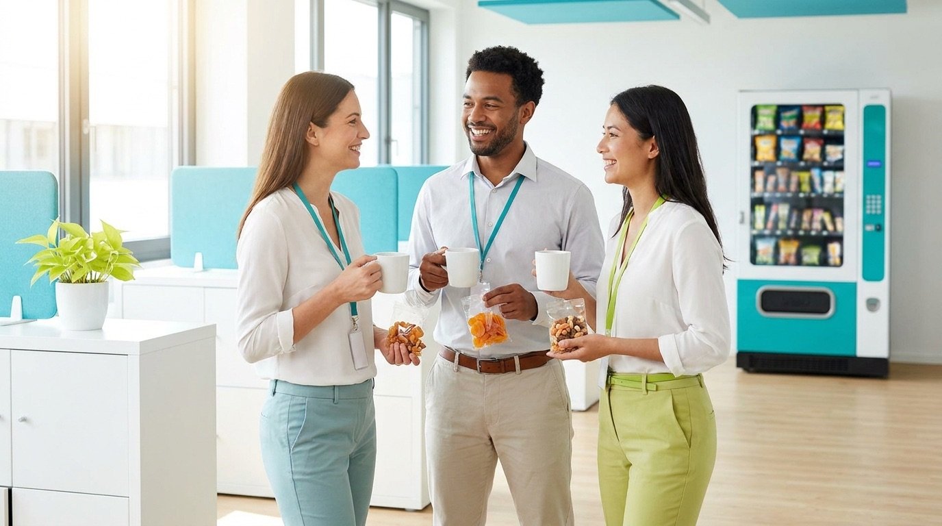 Coworkers enjoying snacks together in a bright break area