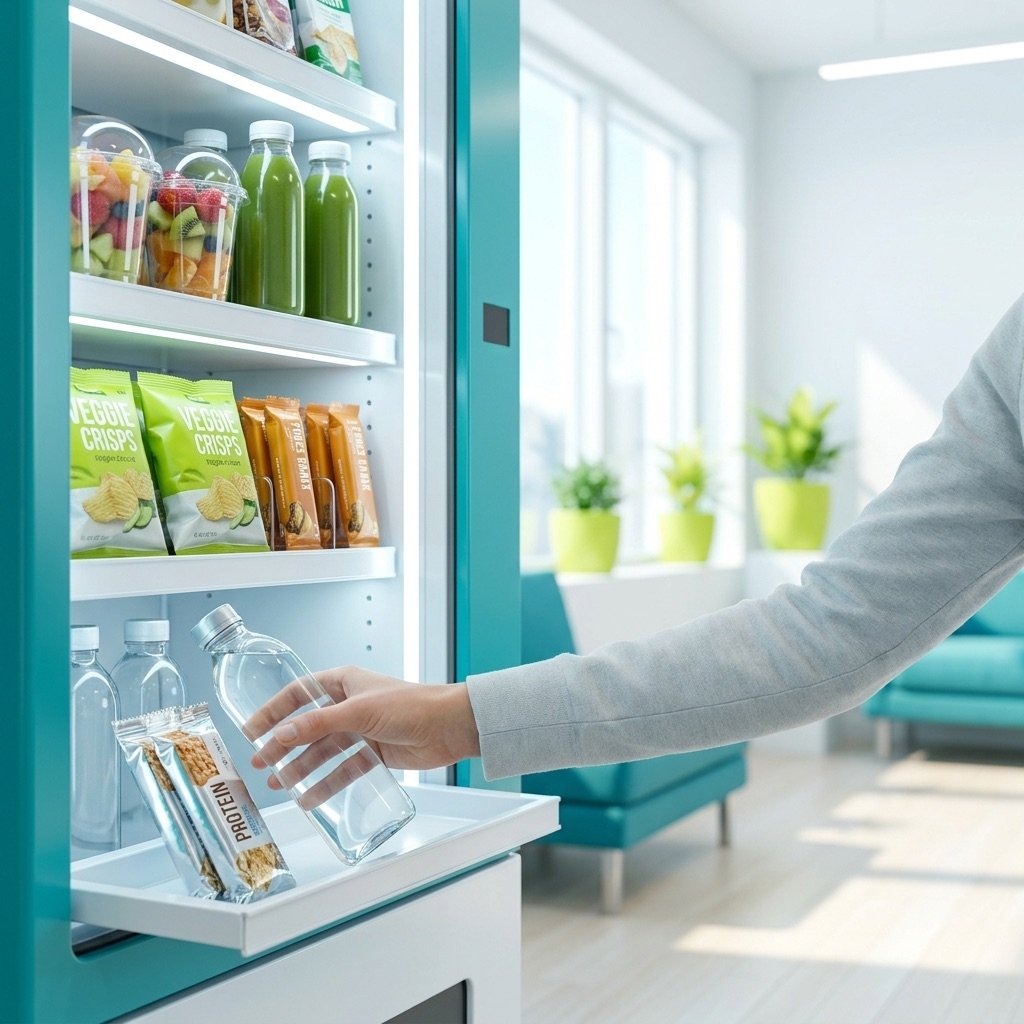 A hand selecting healthy options — water, juice, and a protein bar — from a vending machine