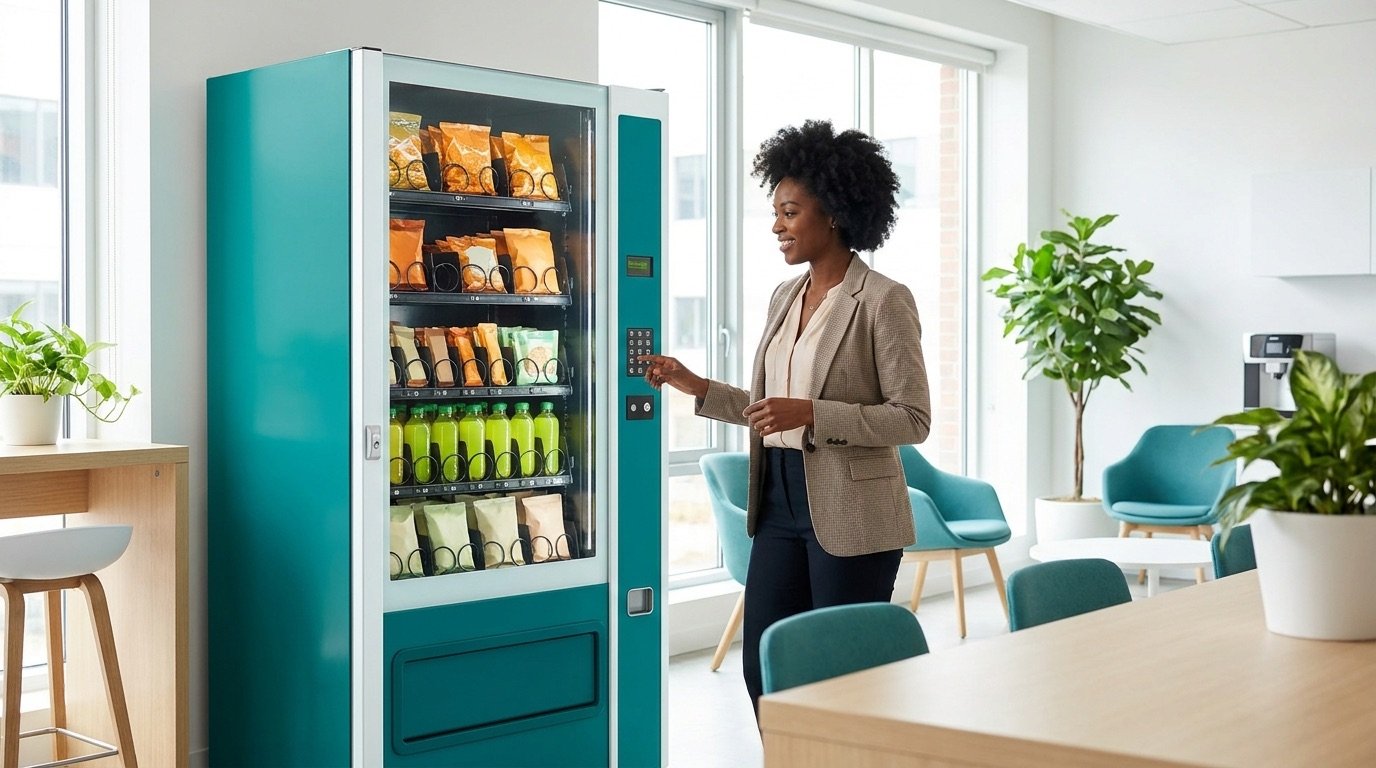 A break room outfitted with a modern vending machine