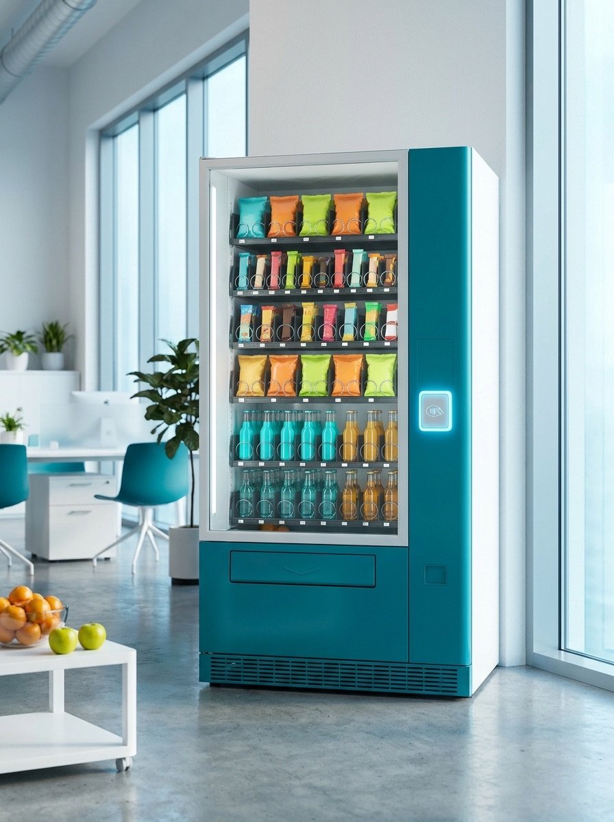 Glass-front combo vending machine stocked with snacks and drinks