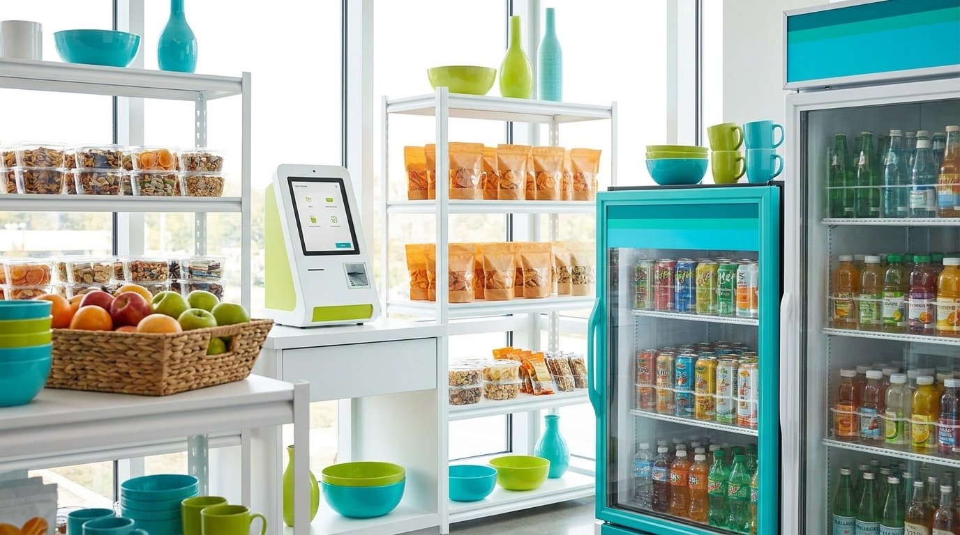An open self-serve micro-market with shelving, cooler, and self-checkout kiosk