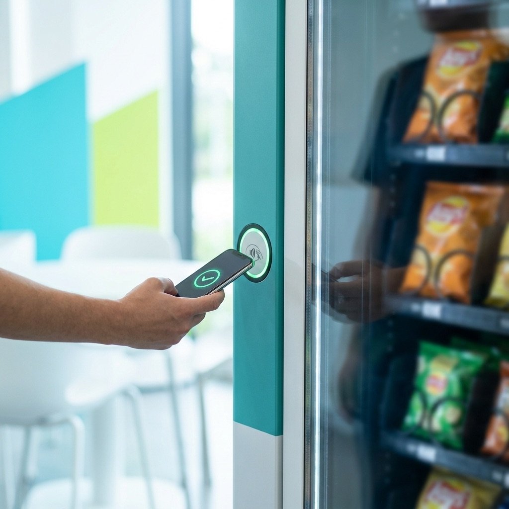 A hand tapping a phone on a vending machine's contactless reader, showing payment accepted